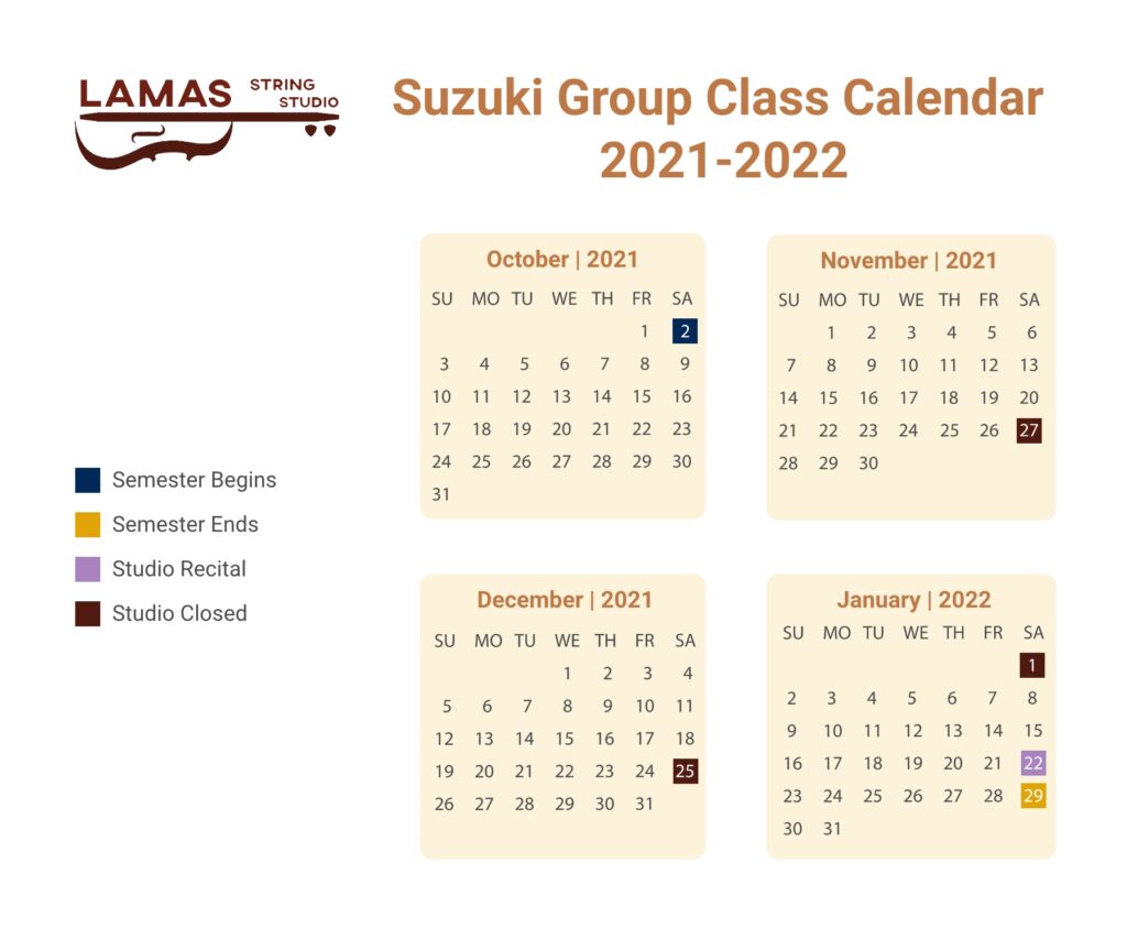 2021-2022 Lamas String Studio Suzuki Class Calendar