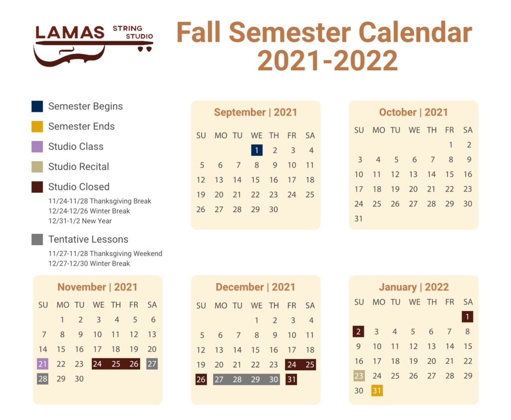 Lamas String Studio 2021 Fall Semeter Calendar